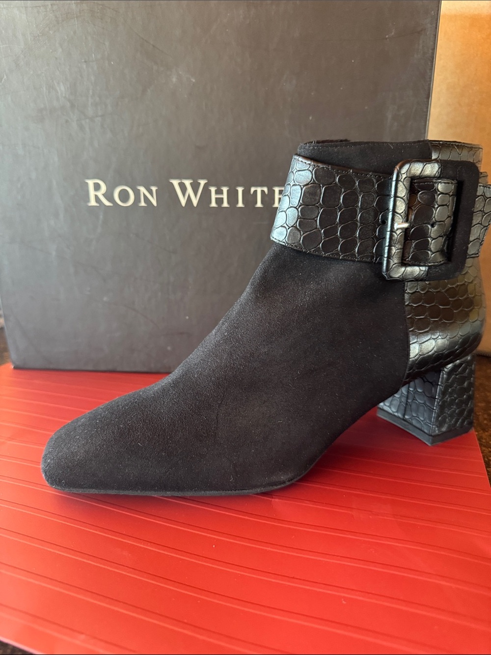 Ron White Black Suede Ankle Boot with Croc-Embossed Buckle